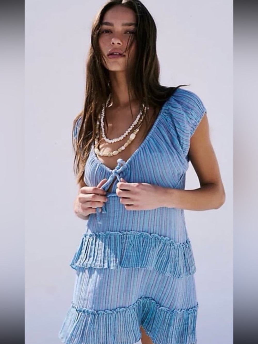 Free People Sky Blue Tie-Front Ruffle Tunic